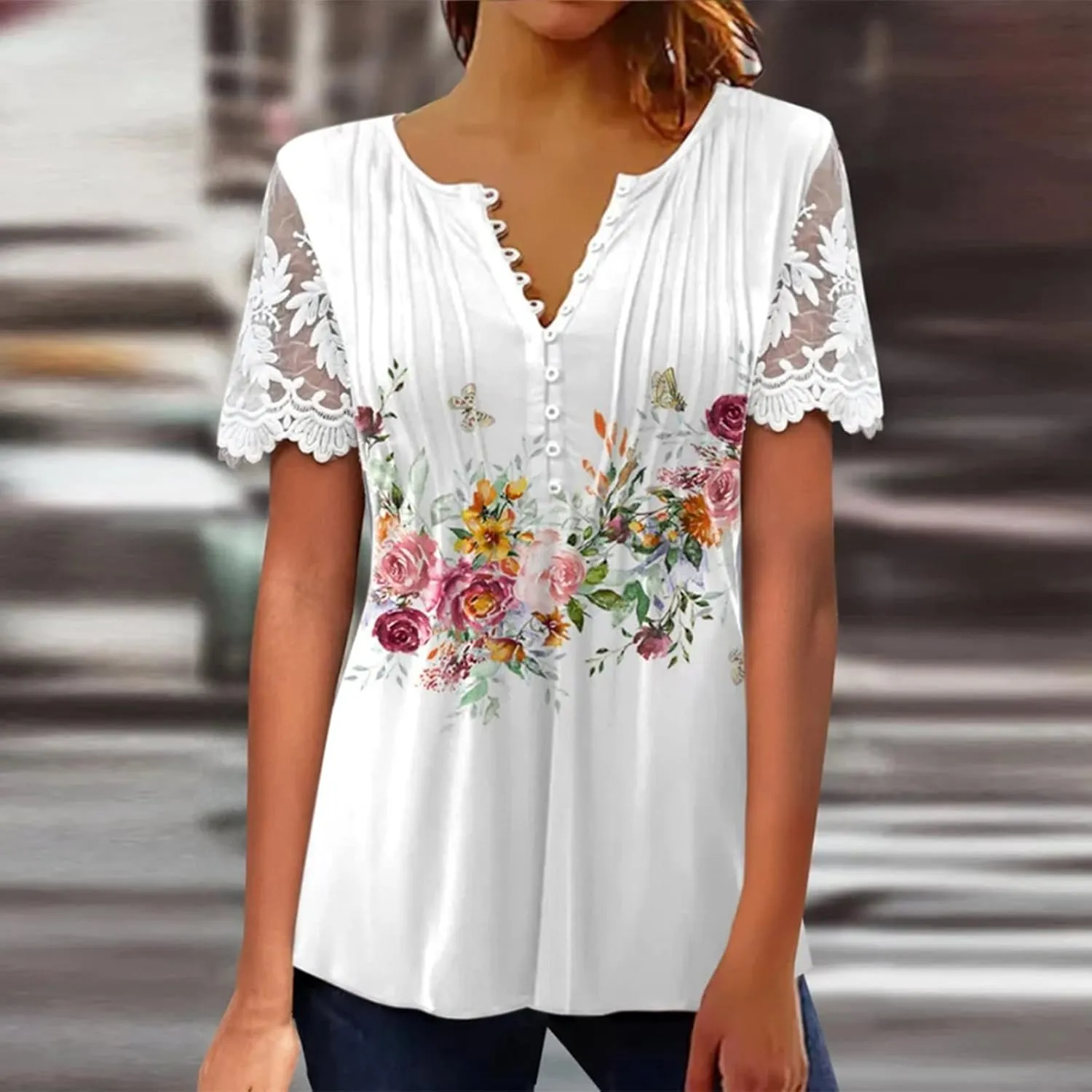 ADHOWBEW Womens Lace Tops Dressy Casual 3/4 Sleeve Floral Blouses
