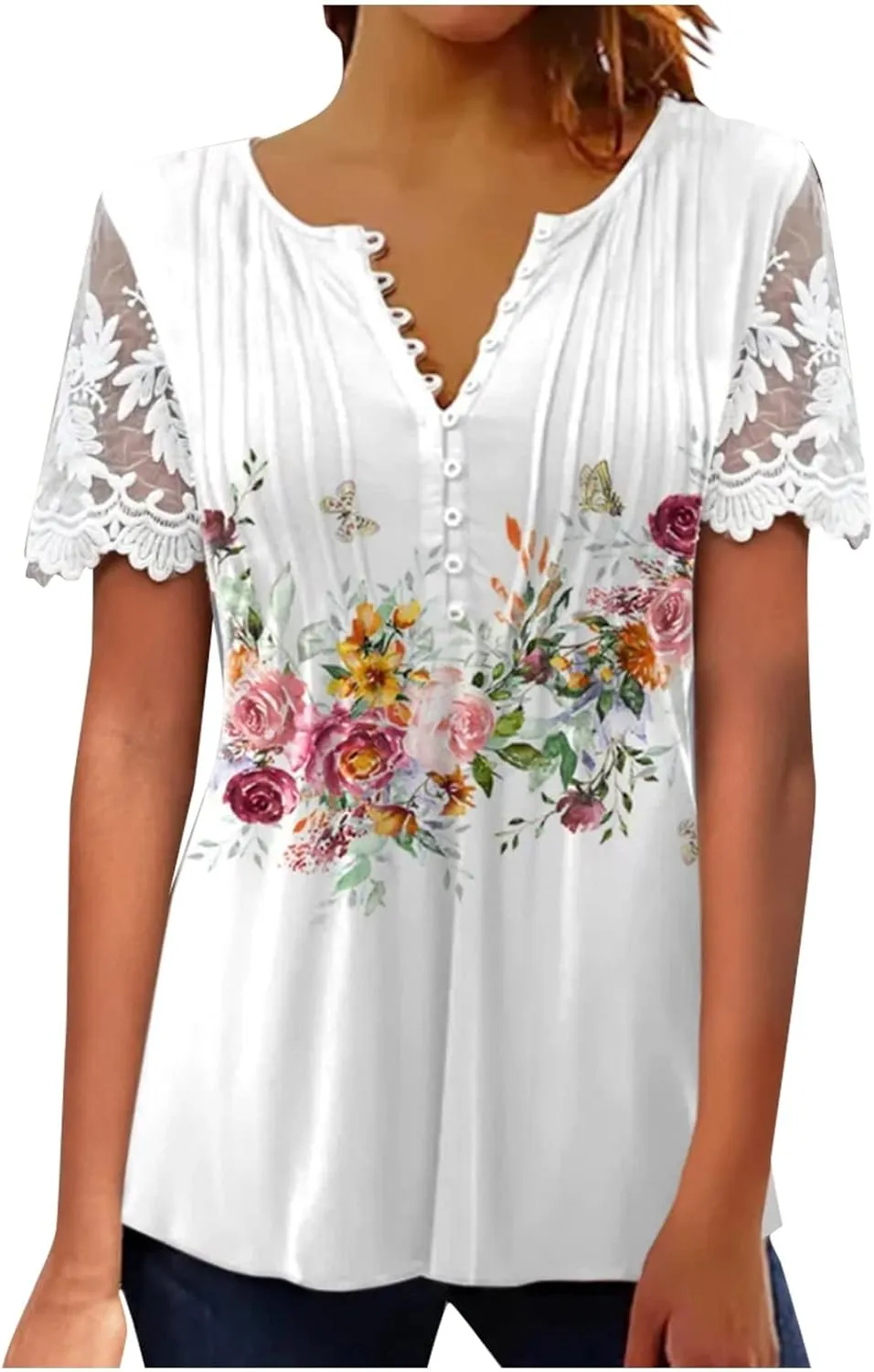 ADHOWBEW Womens Lace Tops Dressy Casual 3/4 Sleeve Floral Blouses