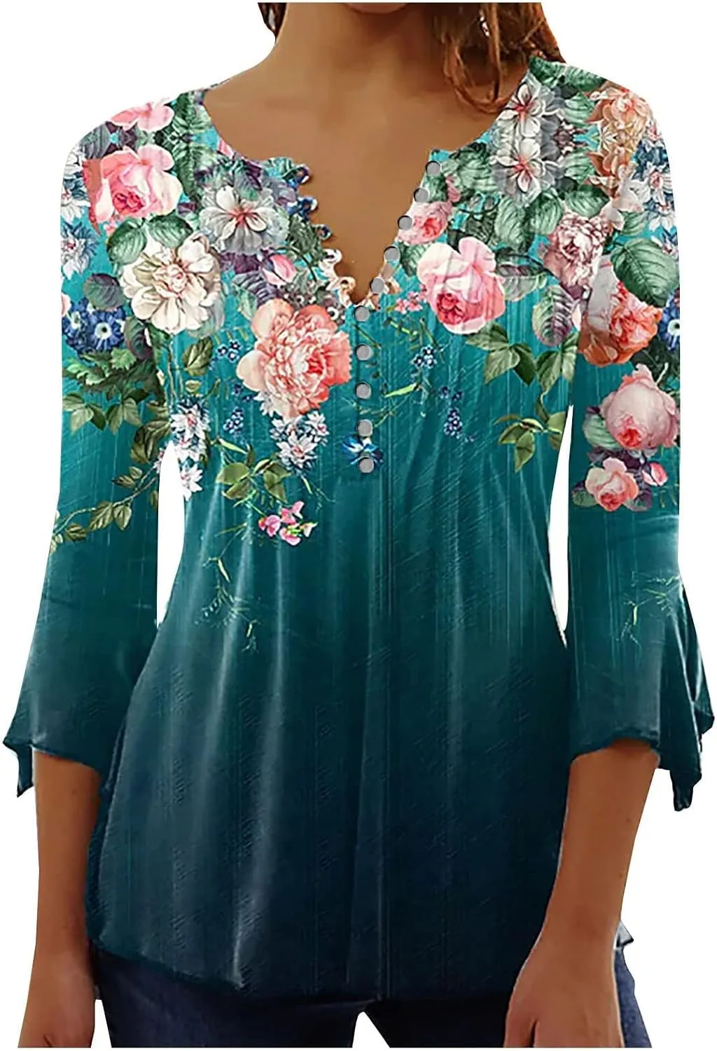 ADHOWBEW Womens Lace Tops Dressy Casual 3/4 Sleeve Floral Blouses
