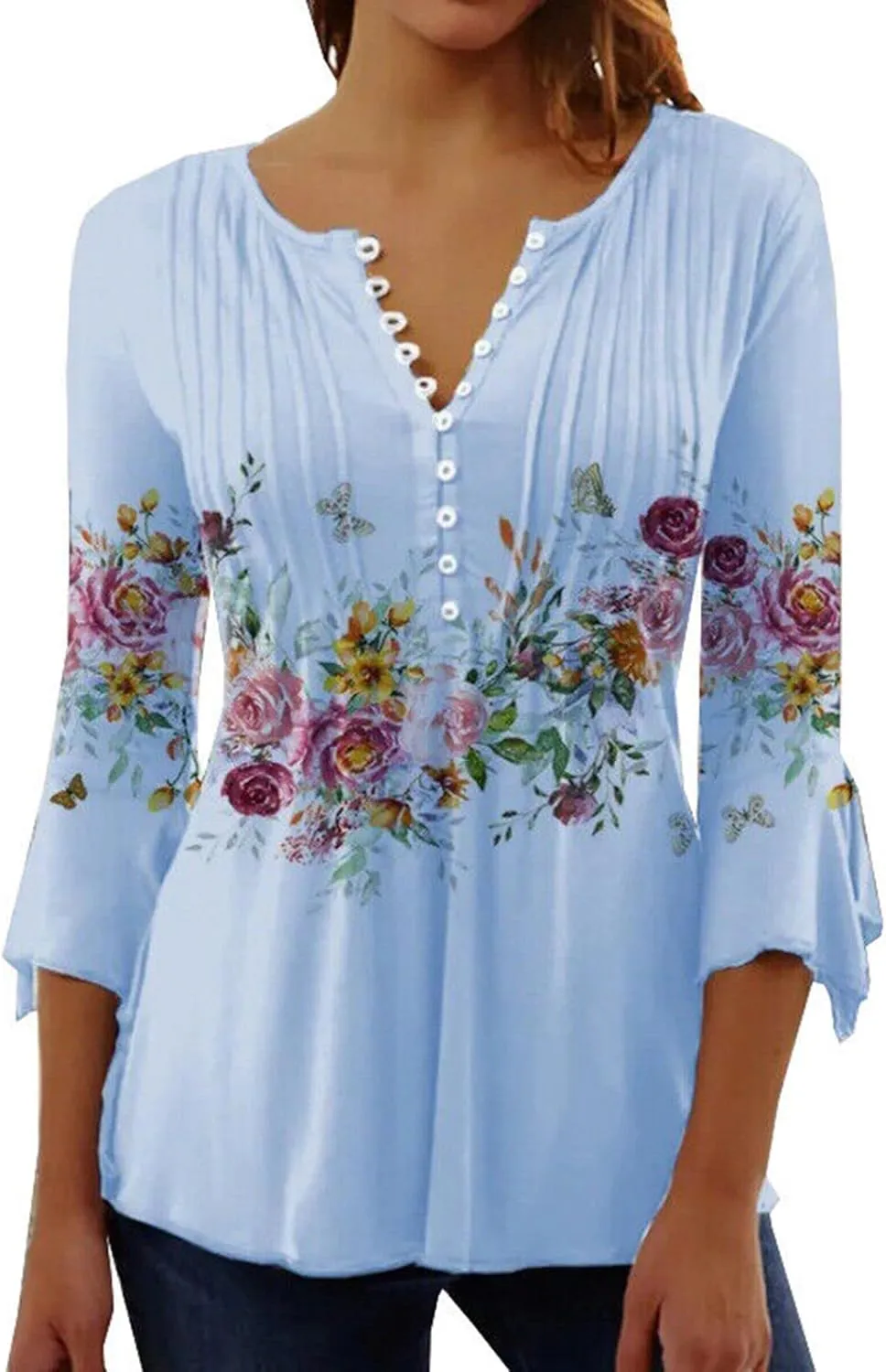 ADHOWBEW Womens Lace Tops Dressy Casual 3/4 Sleeve Floral Blouses