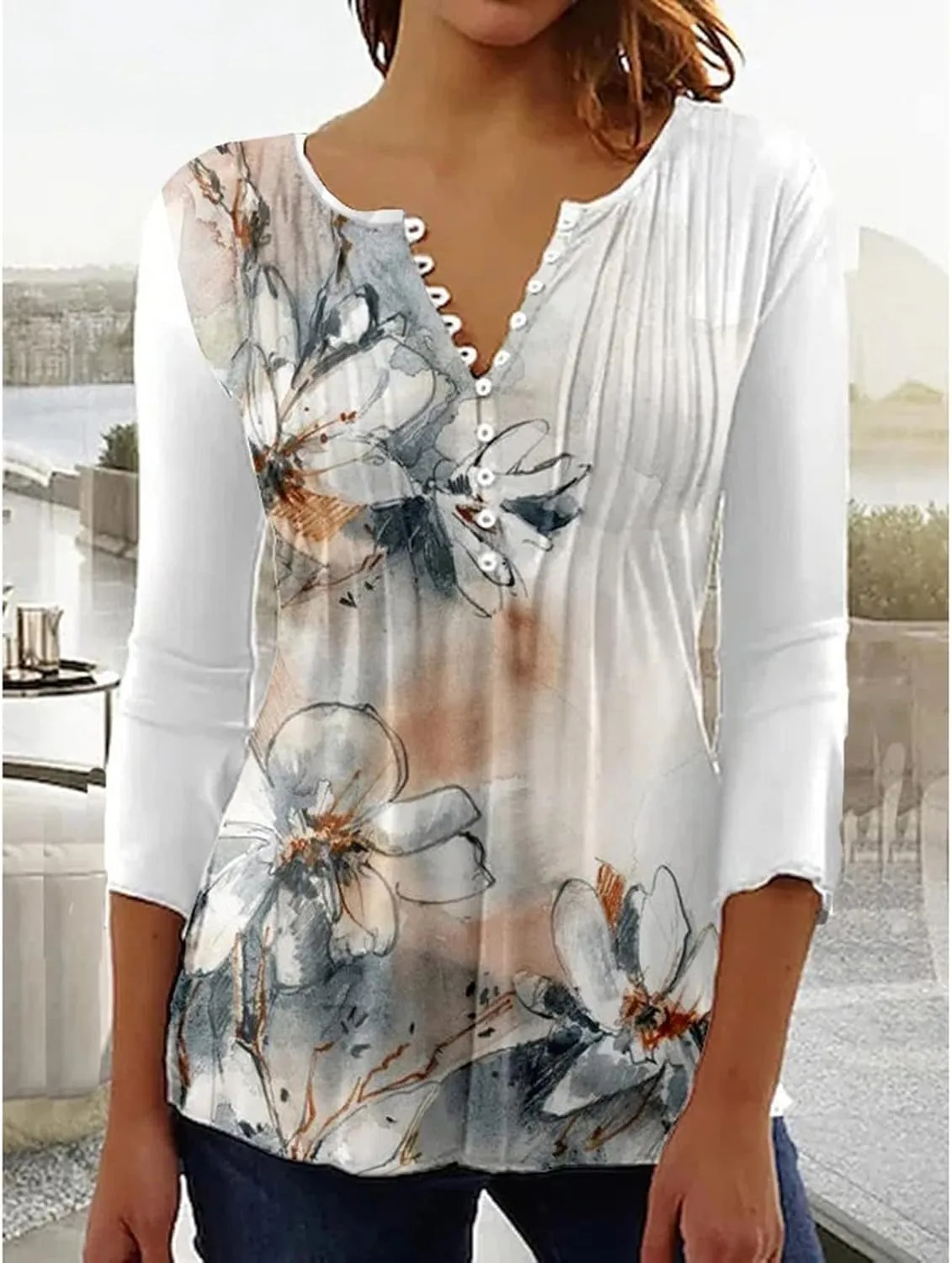 ADHOWBEW Womens Lace Tops Dressy Casual 3/4 Sleeve Floral Blouses