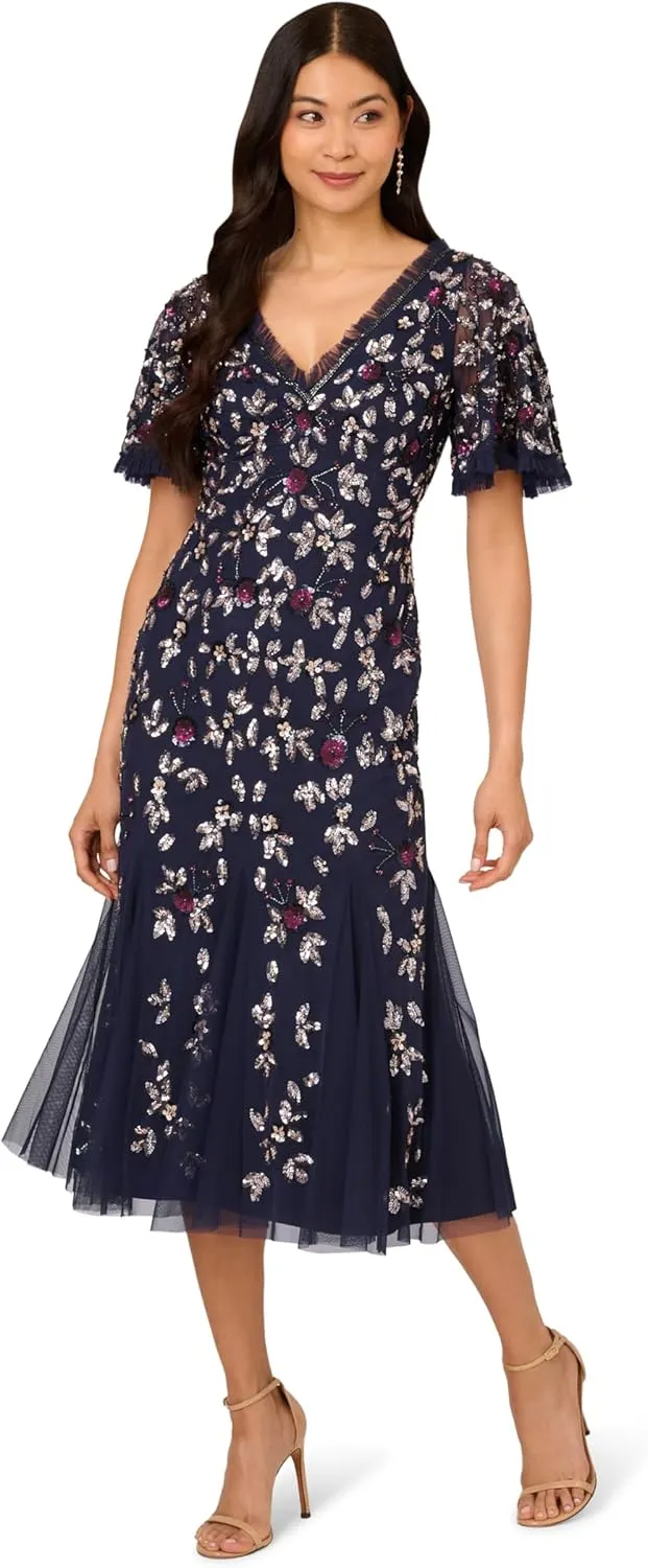 Adrianna Papell Women's Beaded Mesh Midi Dress