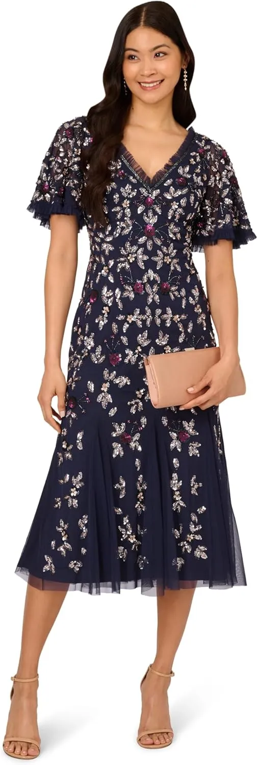 Adrianna Papell Women's Beaded Mesh Midi Dress