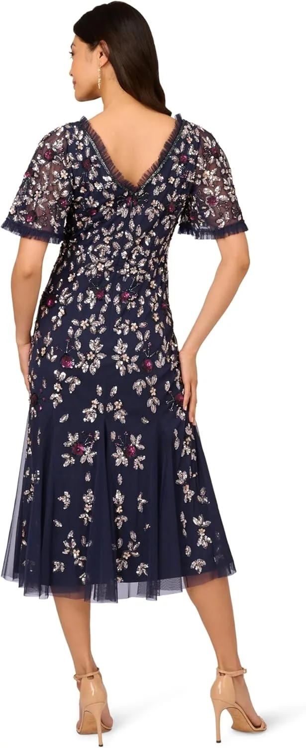 Adrianna Papell Women's Beaded Mesh Midi Dress