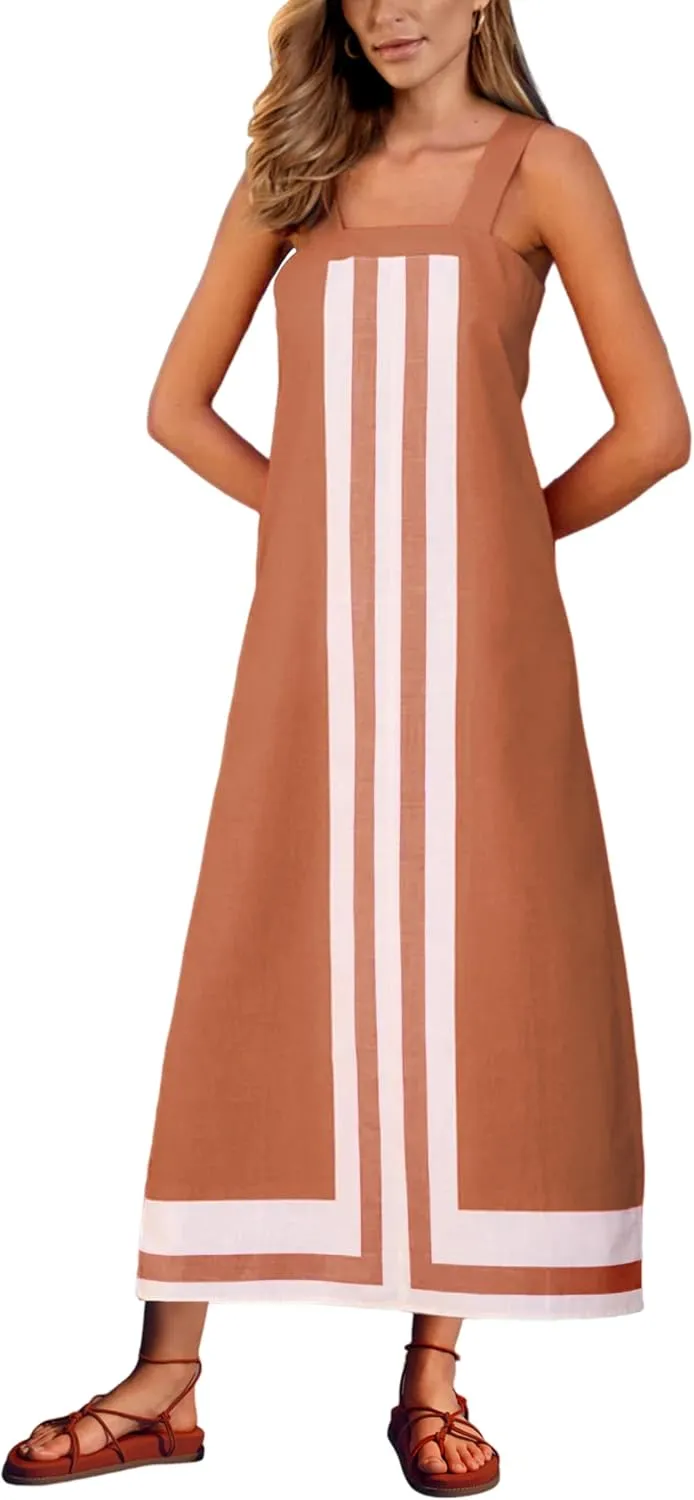 Ailoqing 2025 Women Bohemian Floral Dress Summer Casual Color Block Maxi Beach Overall Dress Coverups