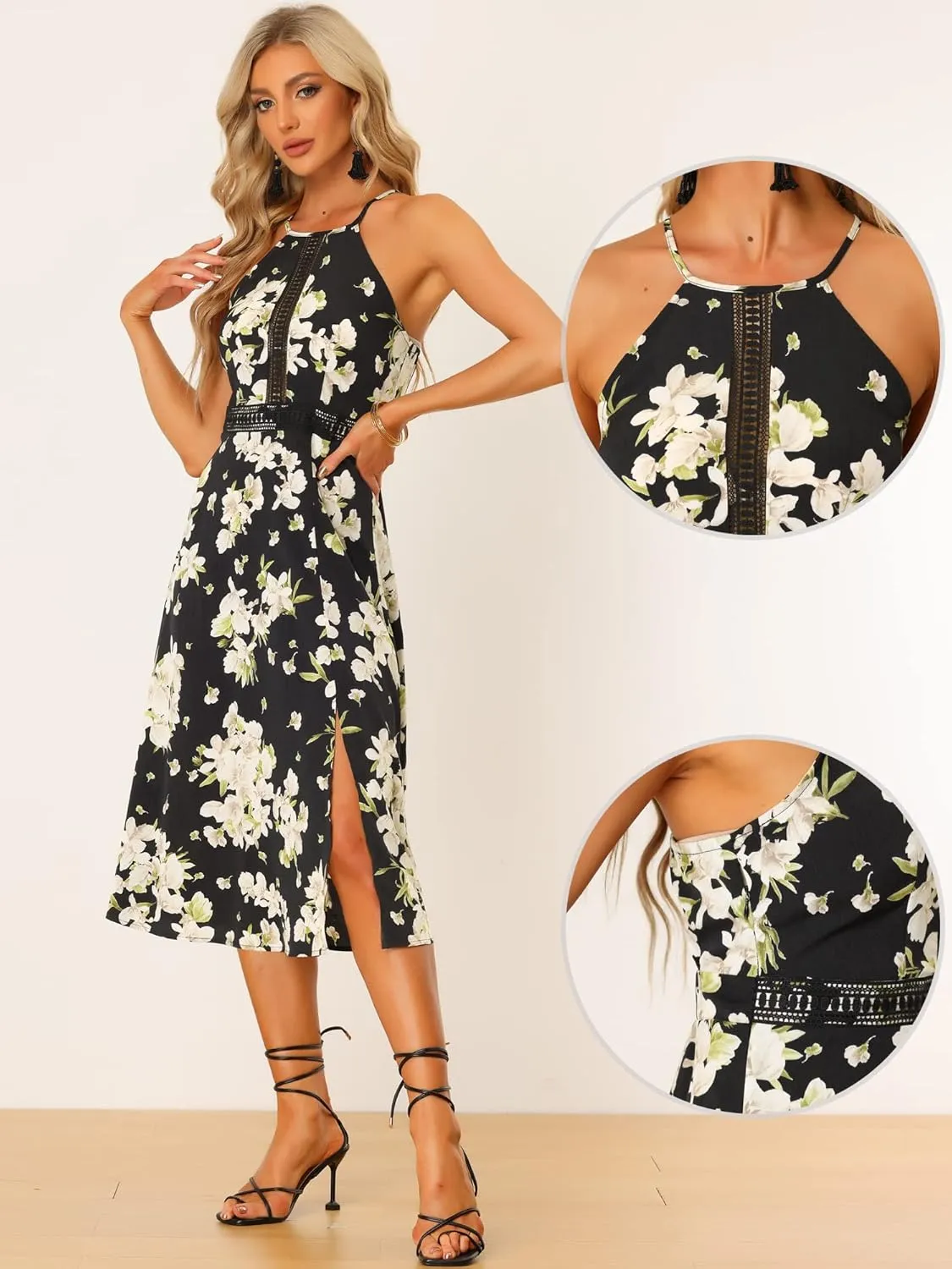 Allegra K Halter Neck Dresses for Women's Split Sleeveless Floral Boho Dress