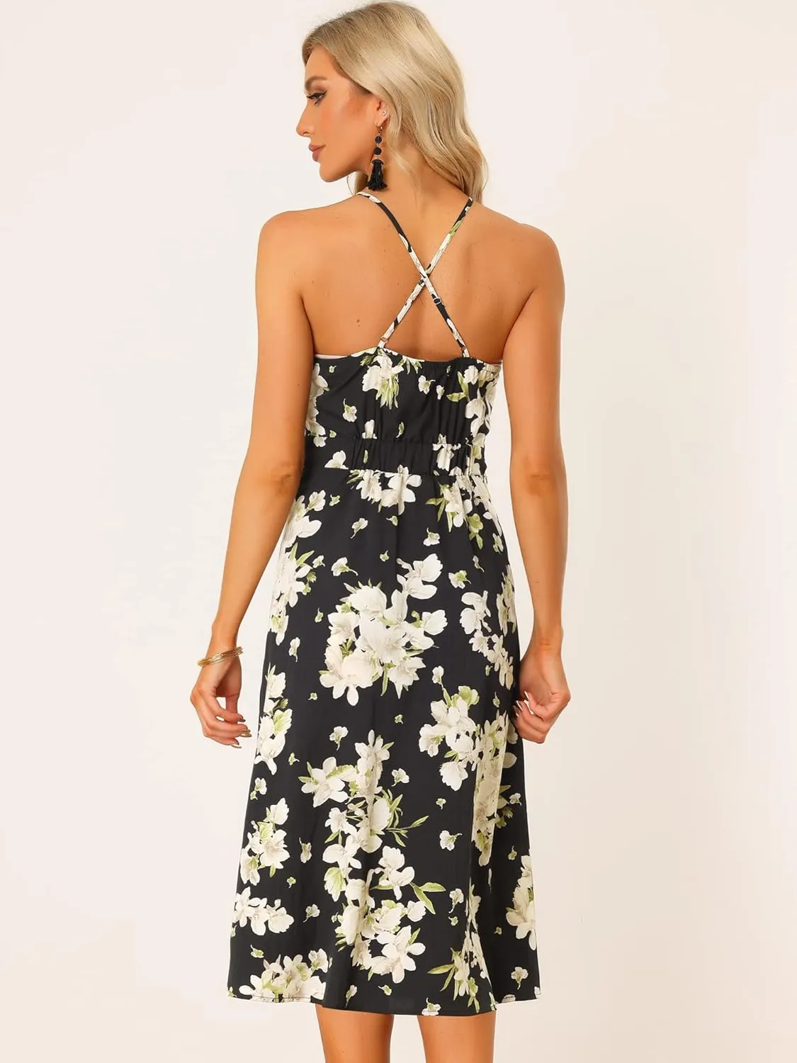 Allegra K Halter Neck Dresses for Women's Split Sleeveless Floral Boho Dress