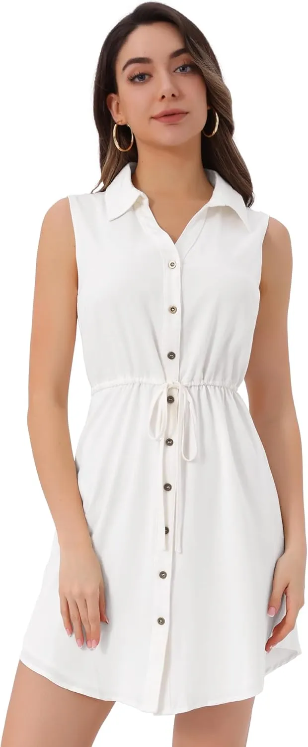Allegra K Women's Chambray Dress Sleeveless Button Down Jean Denim Shirt Dresses