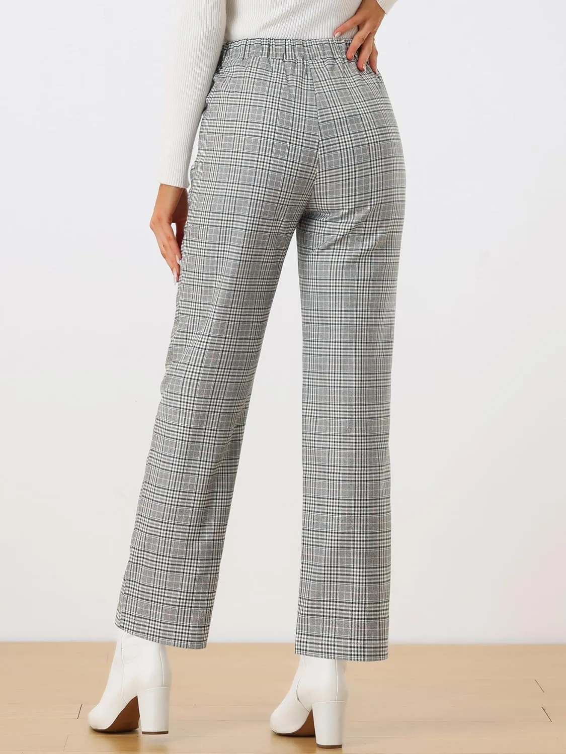 Allegra K Women's Plaid Pants Elastic Waist Casual Work Office Long Trousers