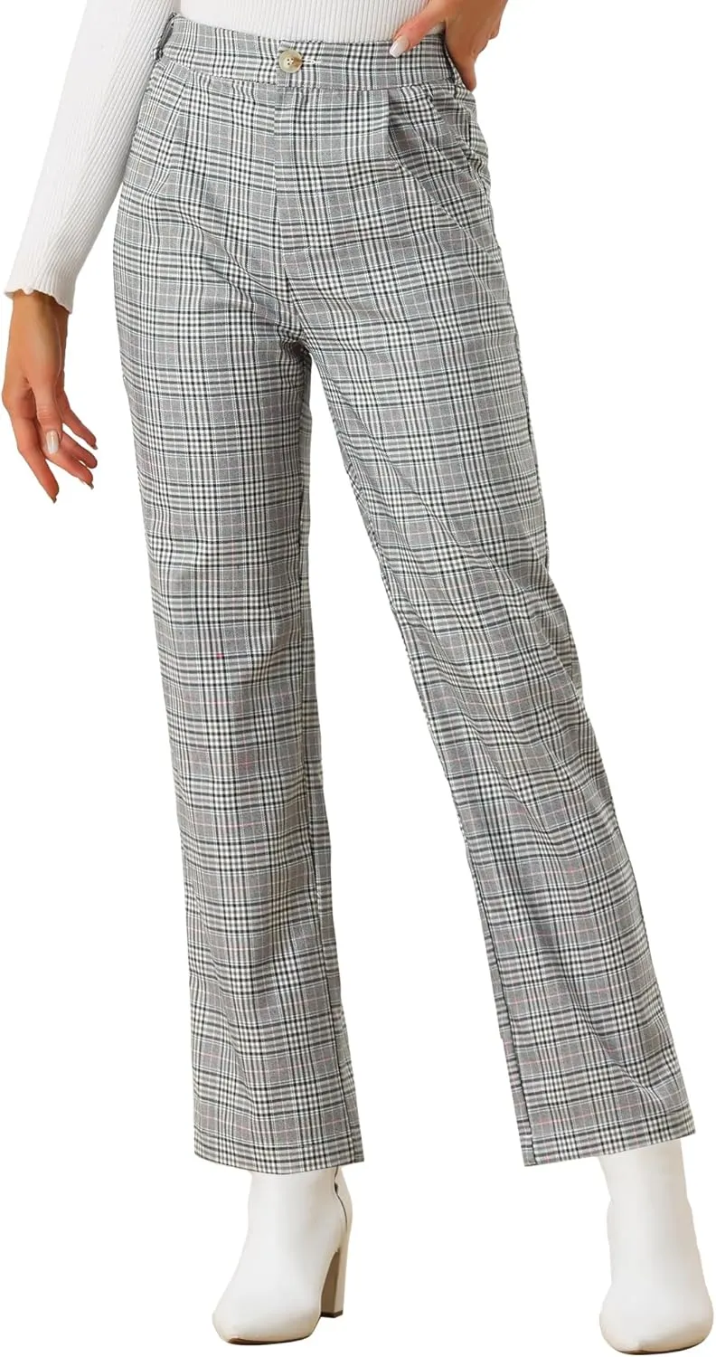 Allegra K Women's Plaid Pants Elastic Waist Casual Work Office Long Trousers