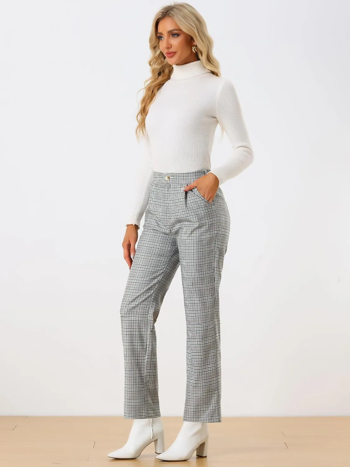 Allegra K Women's Plaid Pants Elastic Waist Casual Work Office Long Trousers