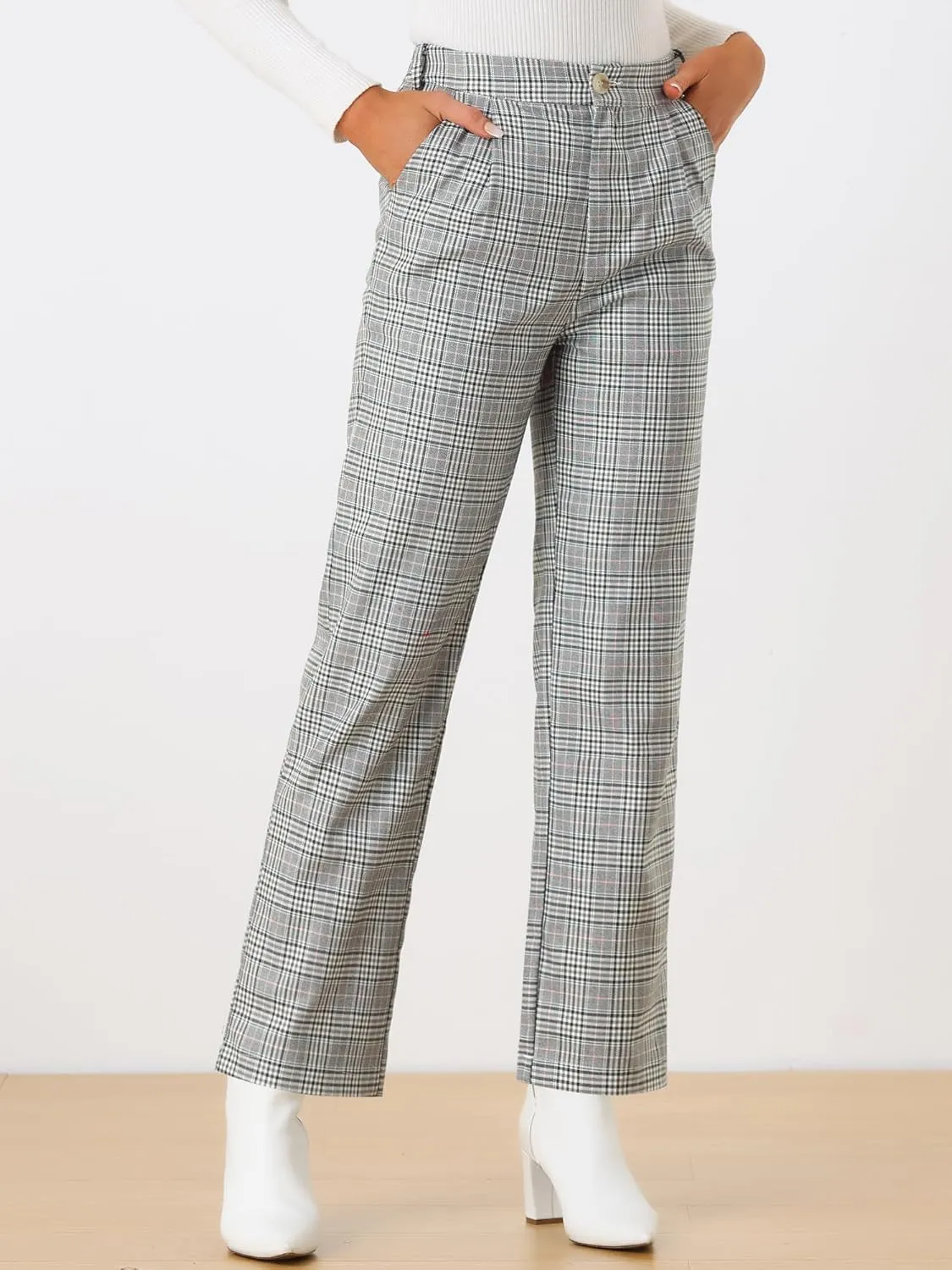 Allegra K Women's Plaid Pants Elastic Waist Casual Work Office Long Trousers
