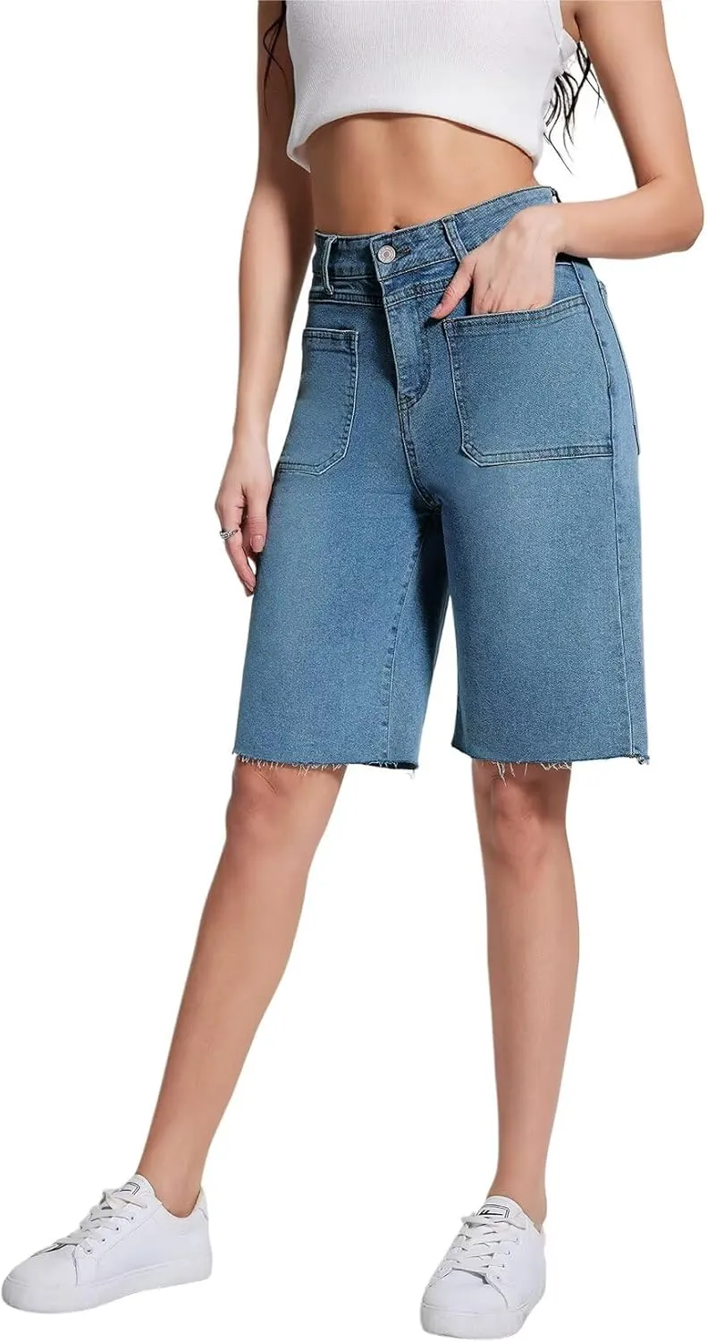 Allimy Womens Front Pockets Denim Long Shorts Jorts Cargo Baggy Bermuda Jean Shorts Knee Length