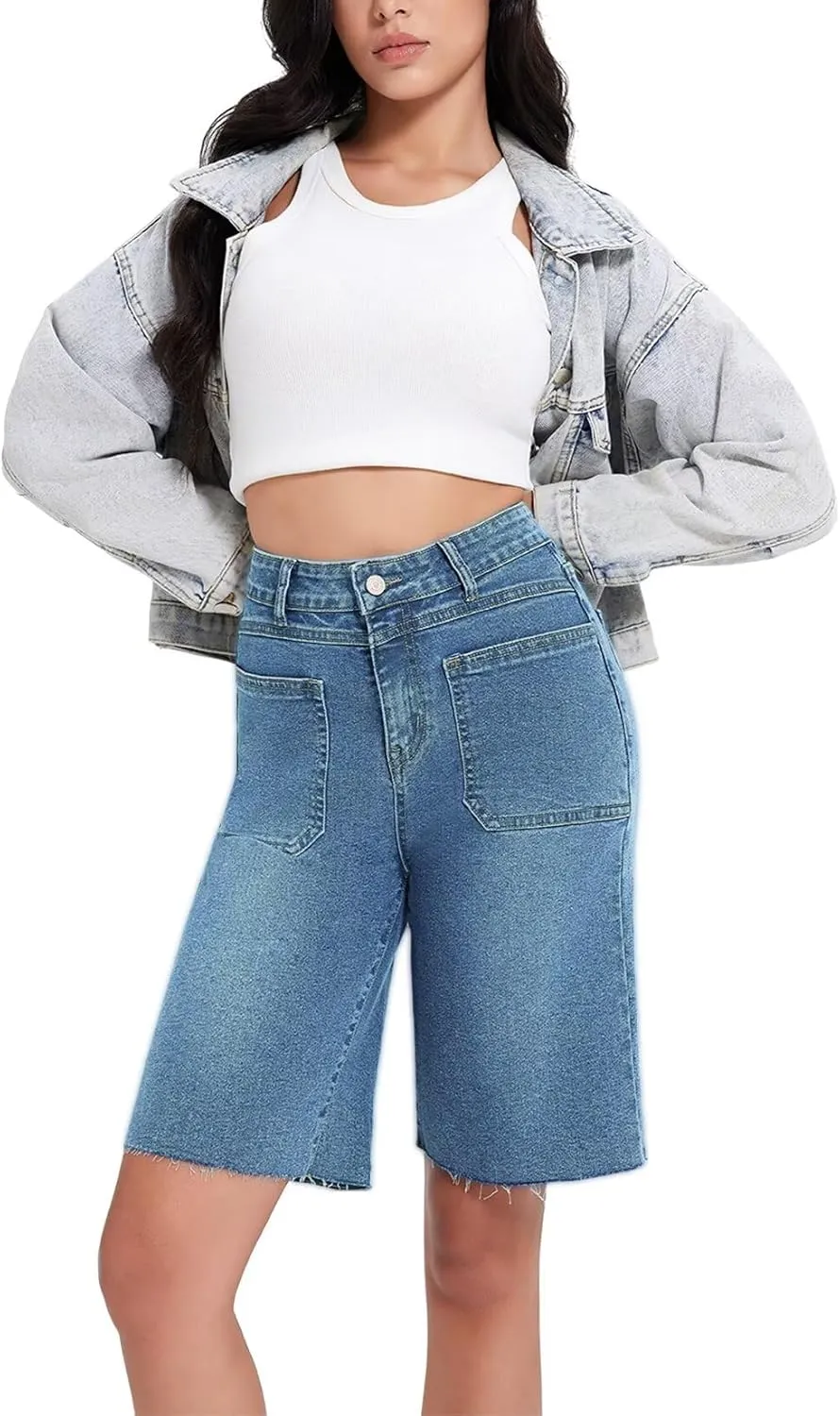 Allimy Womens Front Pockets Denim Long Shorts Jorts Cargo Baggy Bermuda Jean Shorts Knee Length