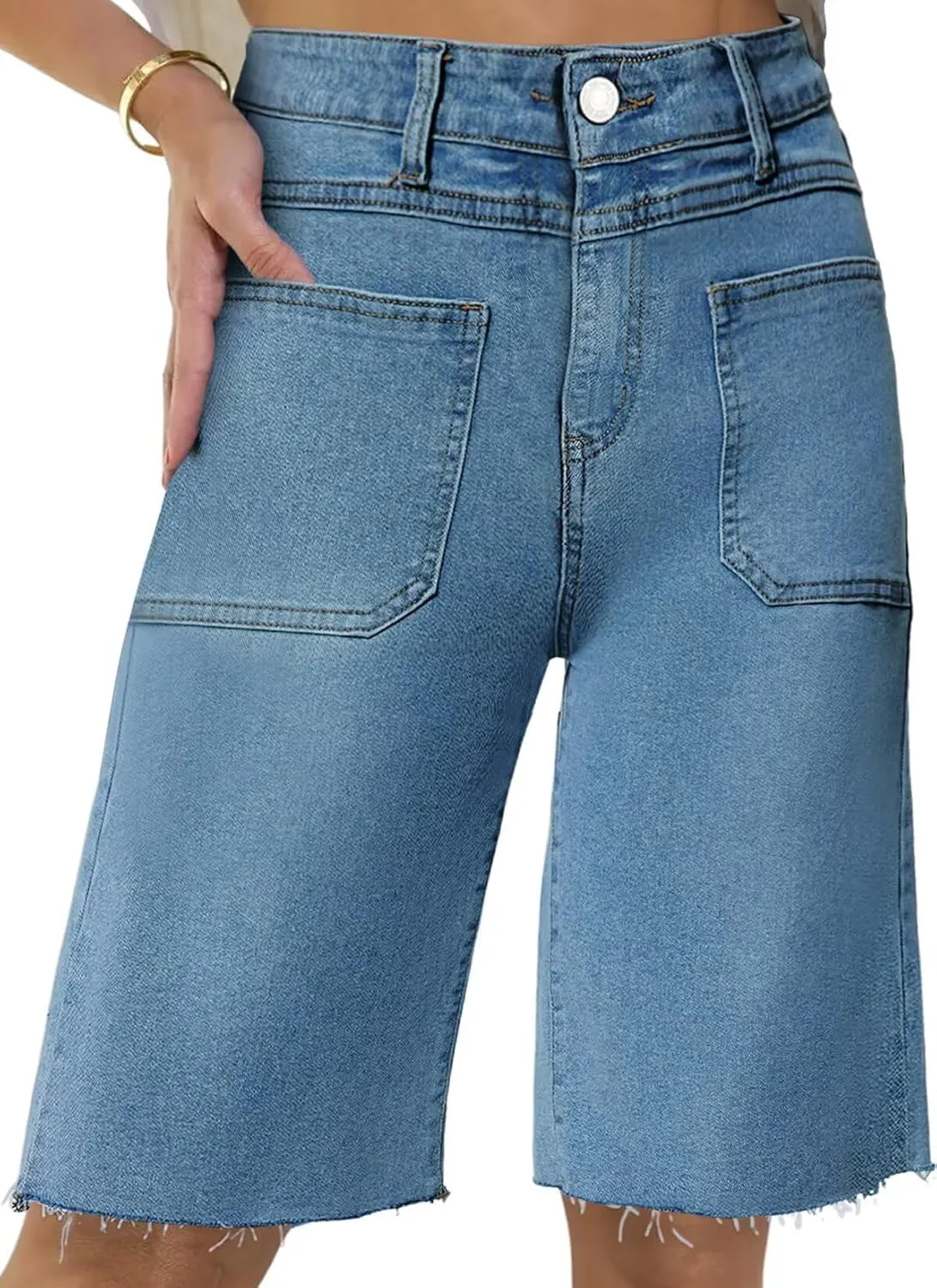 Allimy Womens Front Pockets Denim Long Shorts Jorts Cargo Baggy Bermuda Jean Shorts Knee Length