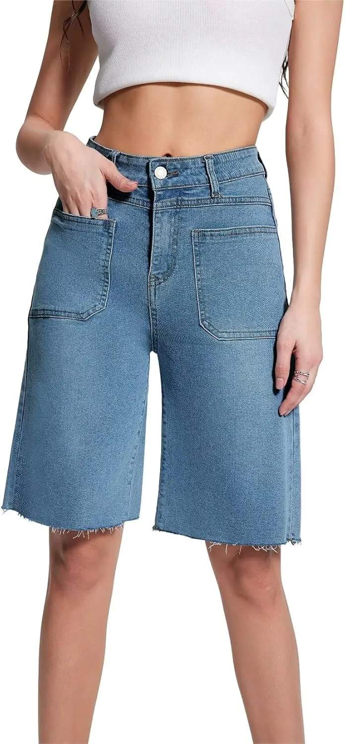 Allimy Womens Front Pockets Denim Long Shorts Jorts Cargo Baggy Bermuda Jean Shorts Knee Length