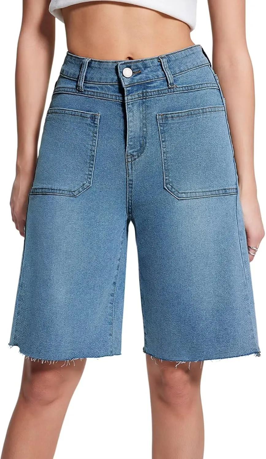 Allimy Womens Front Pockets Denim Long Shorts Jorts Cargo Baggy Bermuda Jean Shorts Knee Length