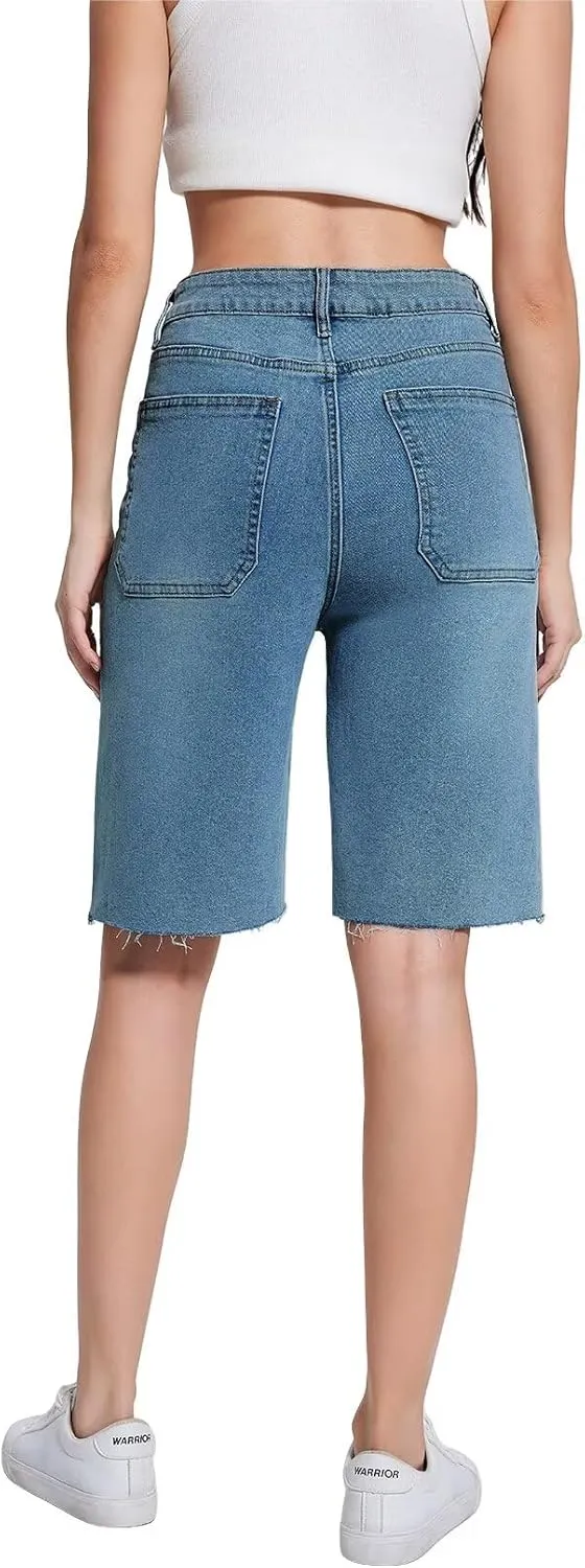 Allimy Womens Front Pockets Denim Long Shorts Jorts Cargo Baggy Bermuda Jean Shorts Knee Length
