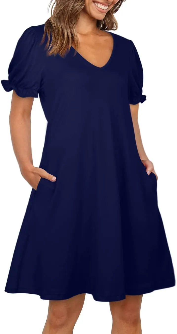 Aloodor Women's Casual Dresses Short Sleeve V-Neck Dress with Pockets