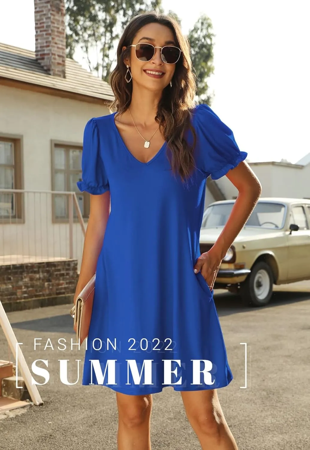 Aloodor Women's Casual Dresses Short Sleeve V-Neck Dress with Pockets
