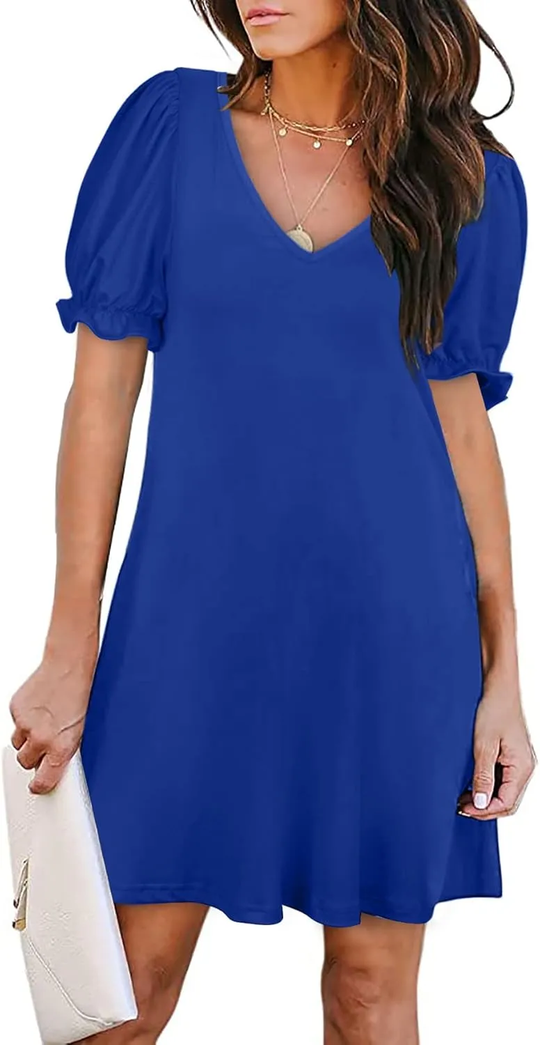 Aloodor Women's Casual Dresses Short Sleeve V-Neck Dress with Pockets