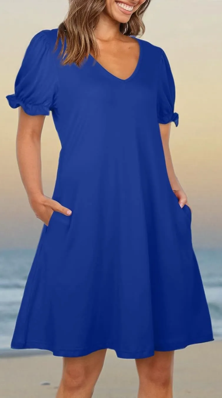Aloodor Women's Casual Dresses Short Sleeve V-Neck Dress with Pockets