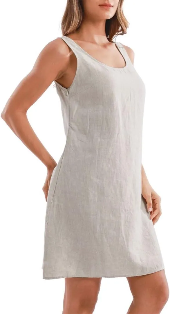 Amazhiyu Women's 100% Linen Summer Casual Sleeveless Midi Shift Tank Dresses