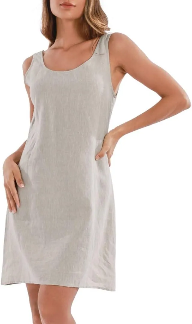 Amazhiyu Women's 100% Linen Summer Casual Sleeveless Midi Shift Tank Dresses
