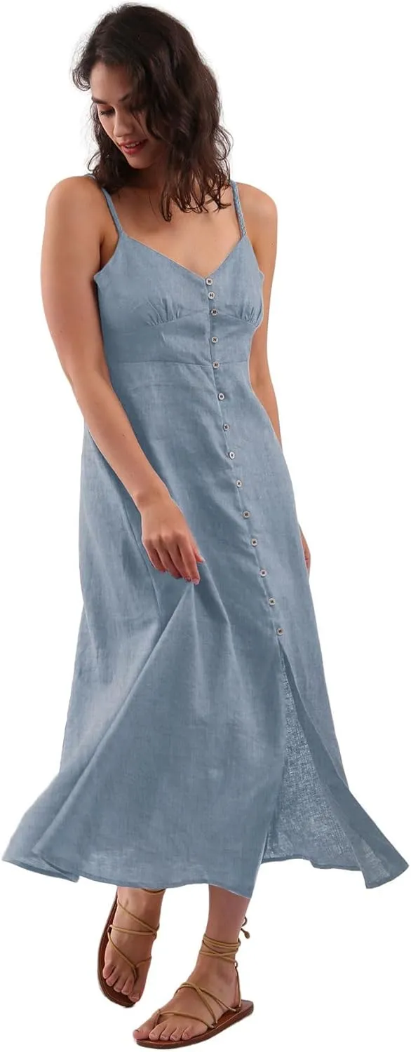Amazhiyu Womens 100% Linen Summer Spaghetti Strap Button Down Midi Dress Casual