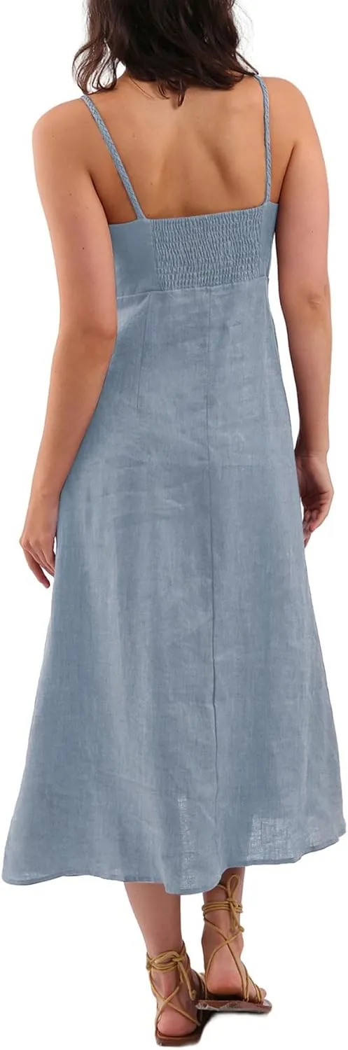 Amazhiyu Womens 100% Linen Summer Spaghetti Strap Button Down Midi Dress Casual