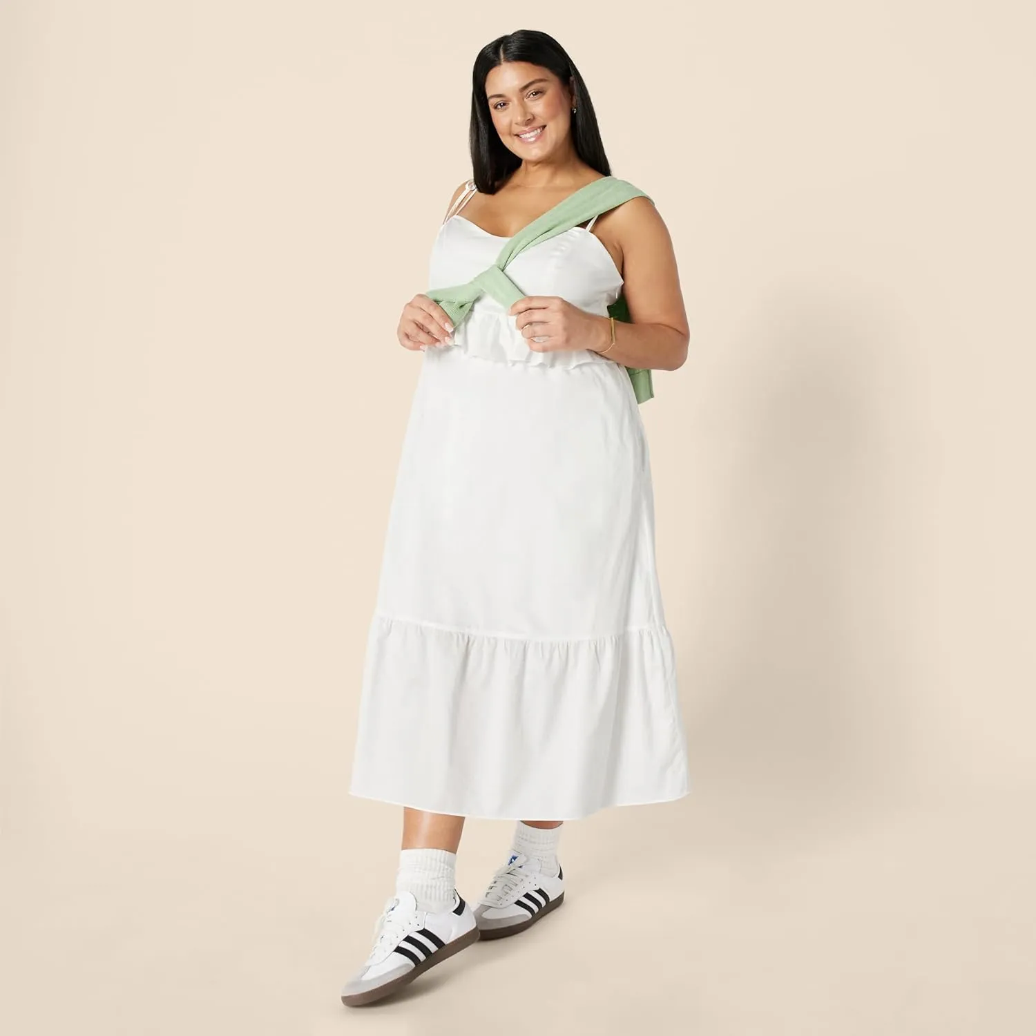 Amazon Essentials Women's Fit and Flare Cotton Sateen Empire Waist Midi Ruffle Dress