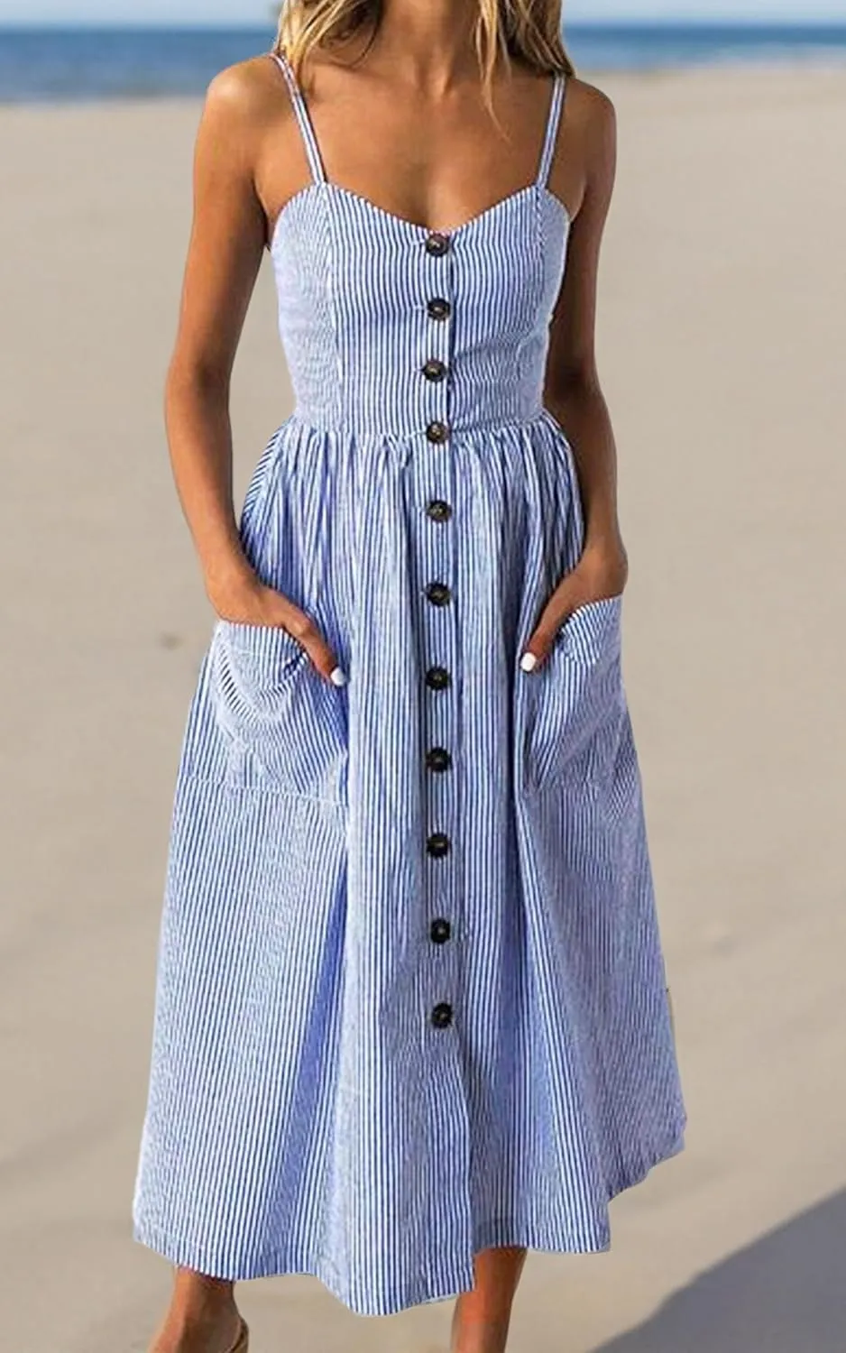 Angashion Women's Dresses-Summer Floral Bohemian Spaghetti Strap Button Down Swing Midi Dress