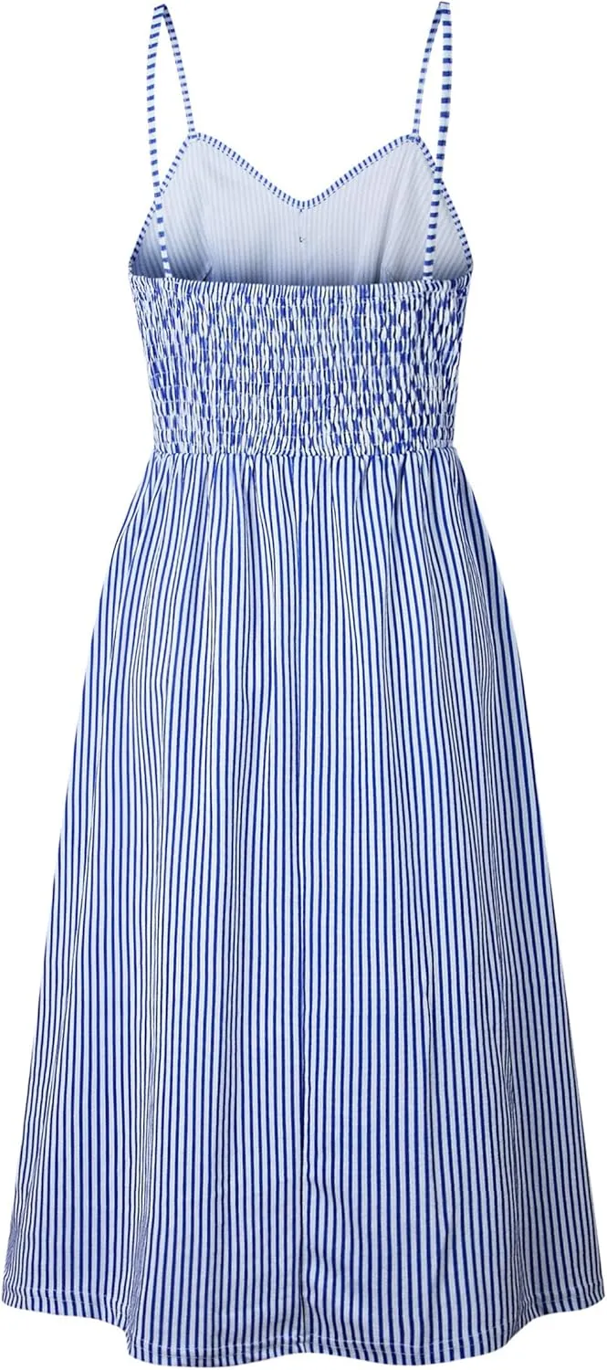Angashion Women's Dresses-Summer Floral Bohemian Spaghetti Strap Button Down Swing Midi Dress