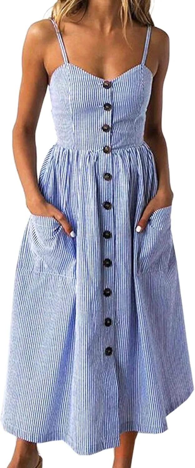 Angashion Women's Dresses-Summer Floral Bohemian Spaghetti Strap Button Down Swing Midi Dress