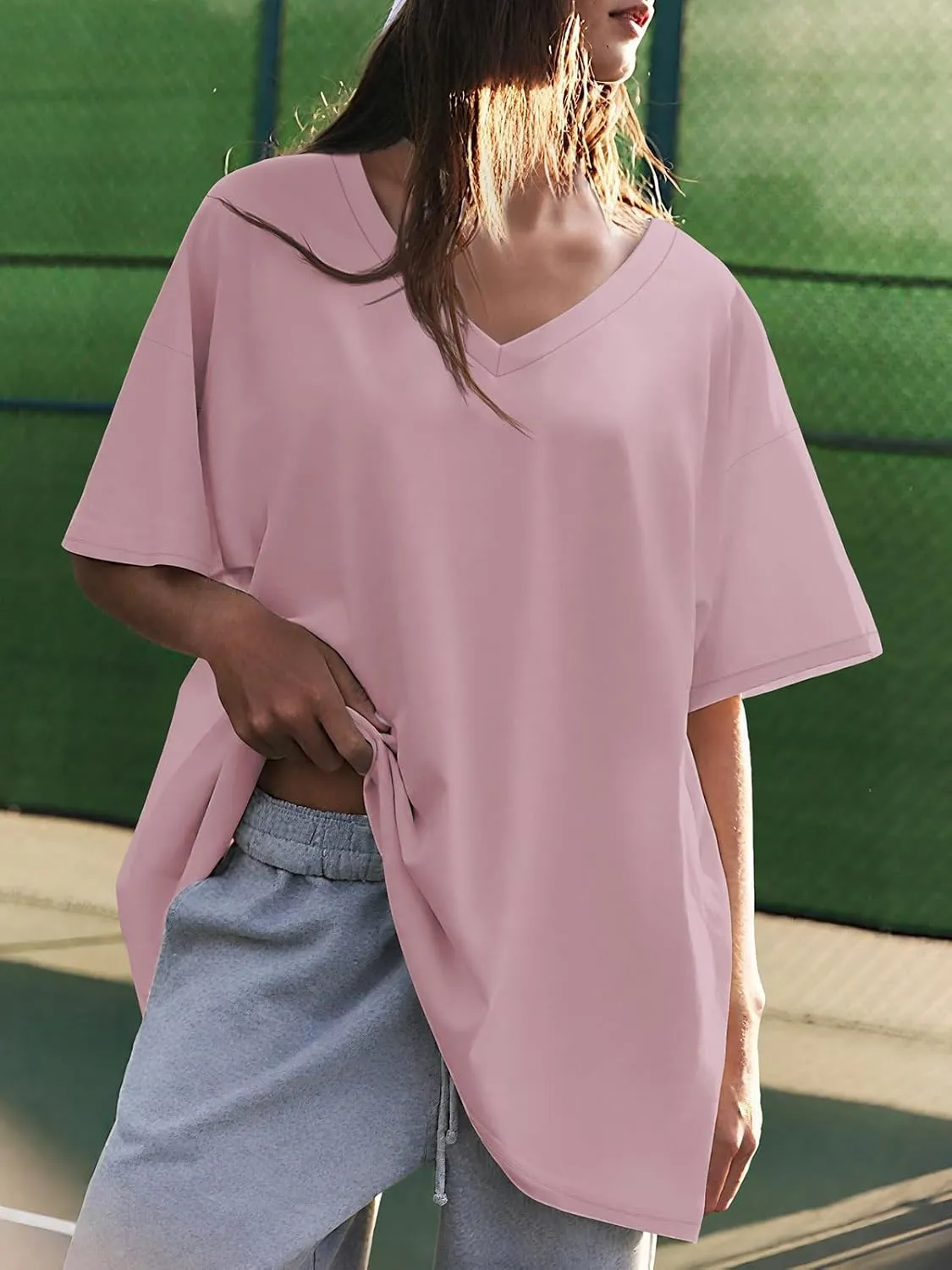 ATHMILE Womens Summer Oversized Shirts V Neck Business Casual Workout Tops Beach Vacation 2025 Gym Clothes