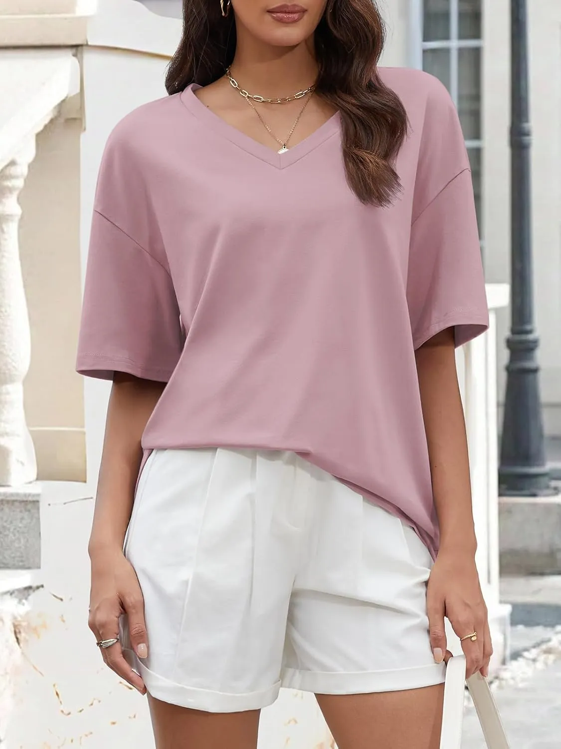 ATHMILE Womens Summer Oversized Shirts V Neck Business Casual Workout Tops Beach Vacation 2025 Gym Clothes