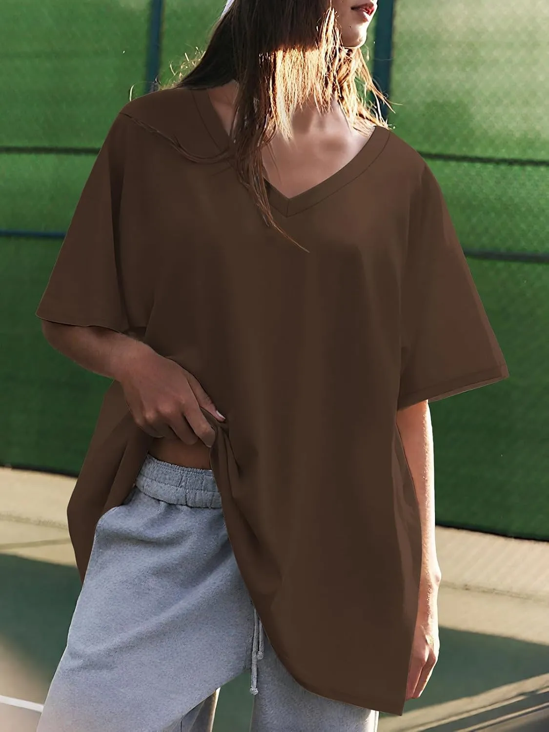 ATHMILE Womens Summer Oversized Shirts V Neck Business Casual Workout Tops Beach Vacation 2025 Gym Clothes