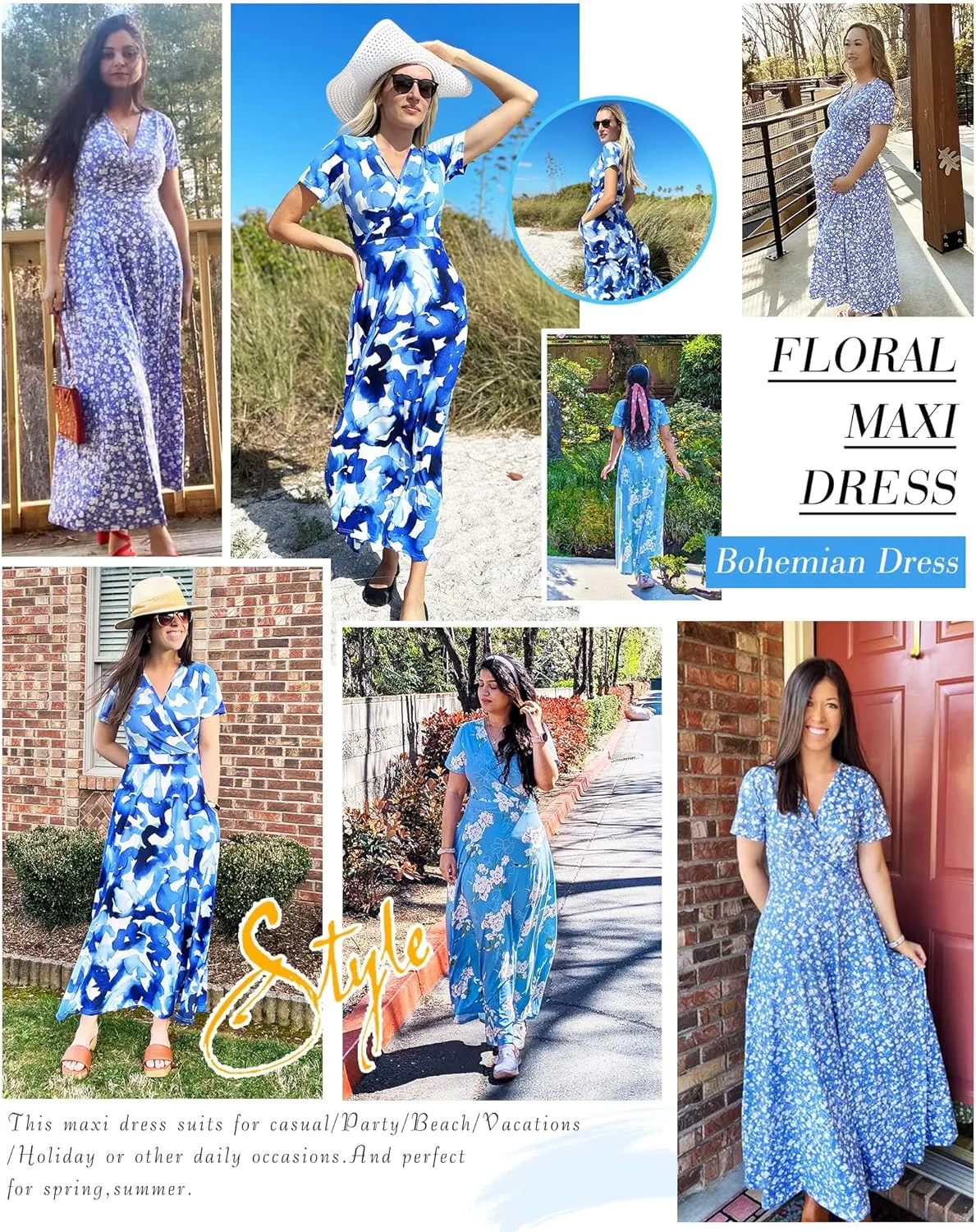 AUSELILY Maxi Dresses for Women Ankle Length Floral Print Beach Long Flowy Dress with Pockets