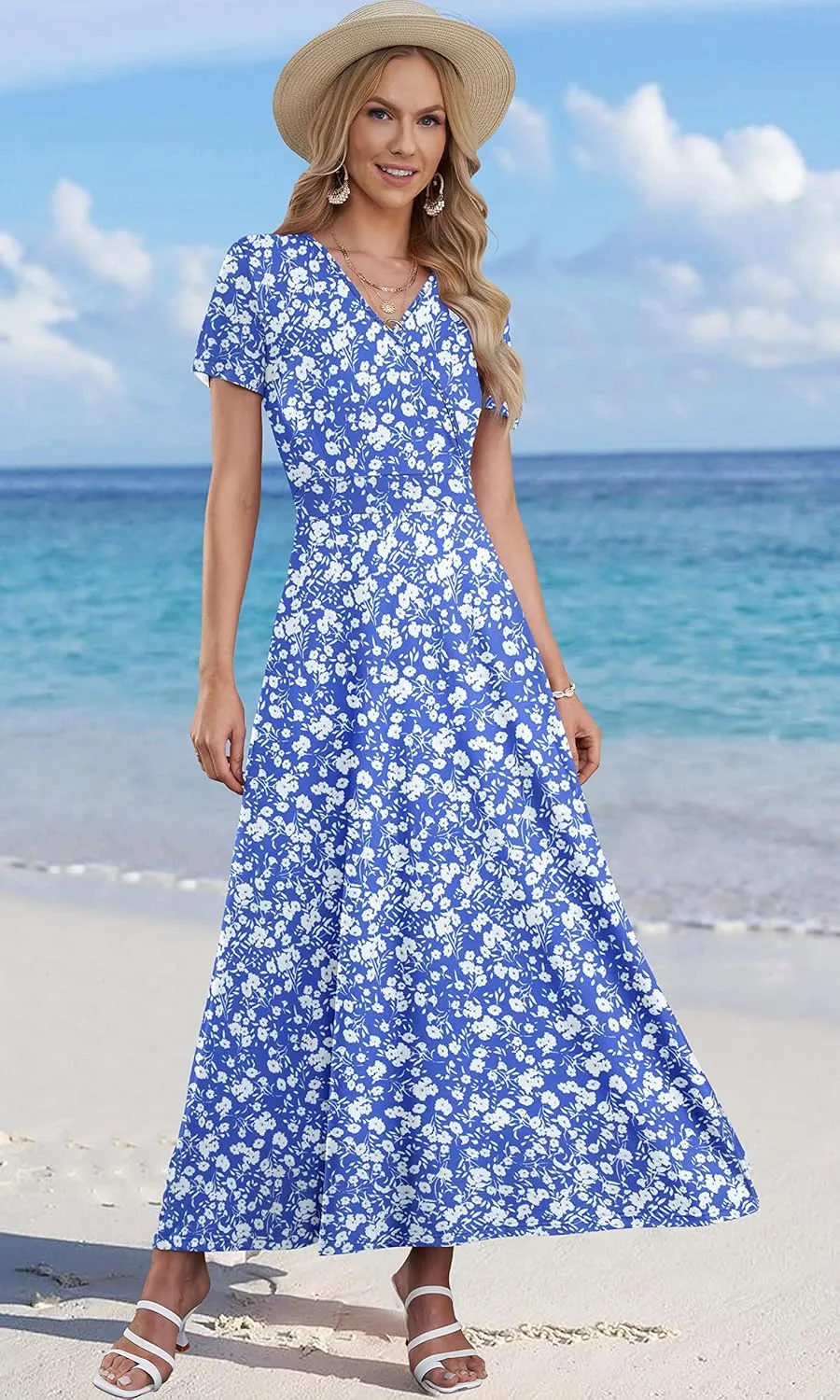 AUSELILY Maxi Dresses for Women Ankle Length Floral Print Beach Long Flowy Dress with Pockets