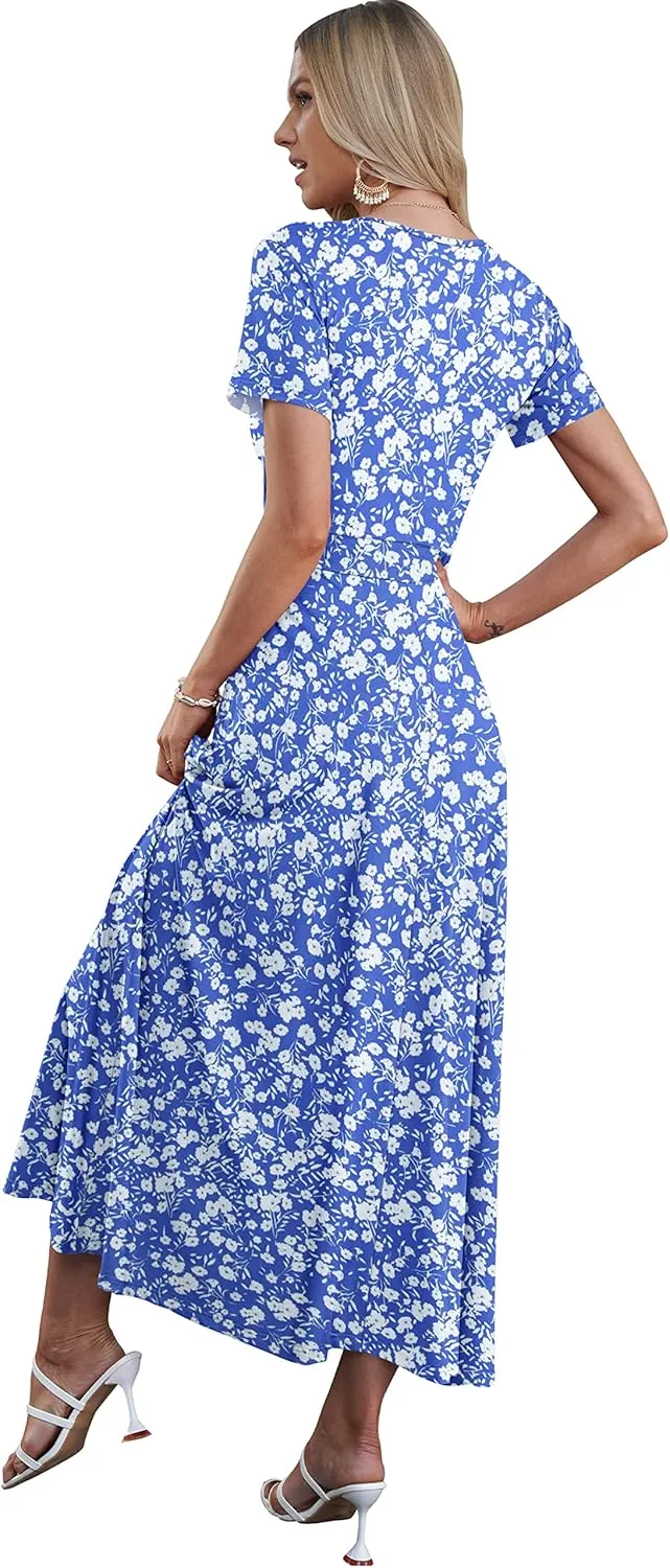 AUSELILY Maxi Dresses for Women Ankle Length Floral Print Beach Long Flowy Dress with Pockets