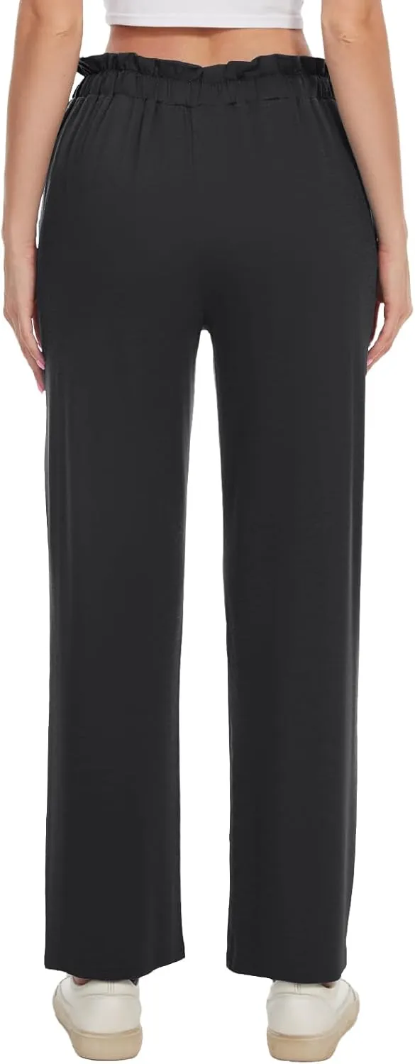 BATHRINS Women's Drawstring High Waisted Straight Long Trousers Pants with Pockets