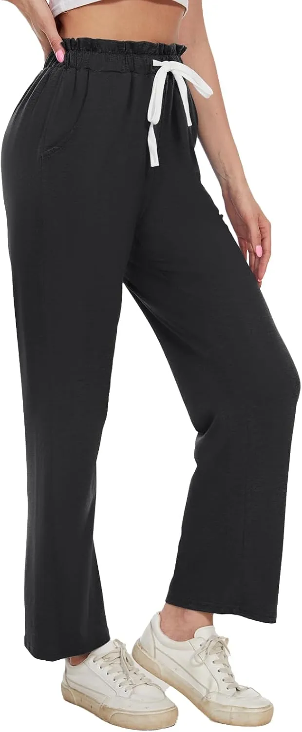 BATHRINS Women's Drawstring High Waisted Straight Long Trousers Pants with Pockets