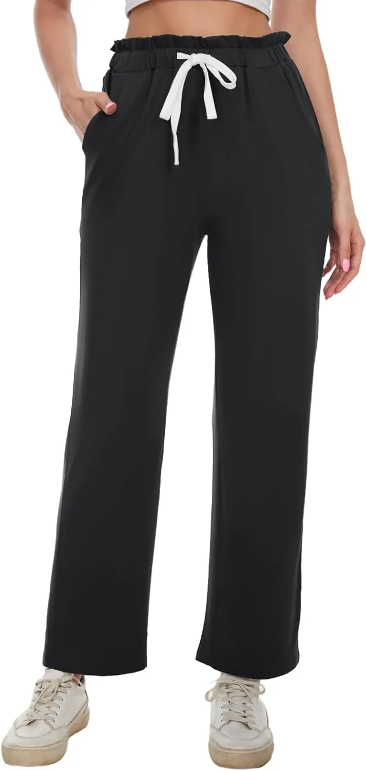 BATHRINS Women's Drawstring High Waisted Straight Long Trousers Pants with Pockets