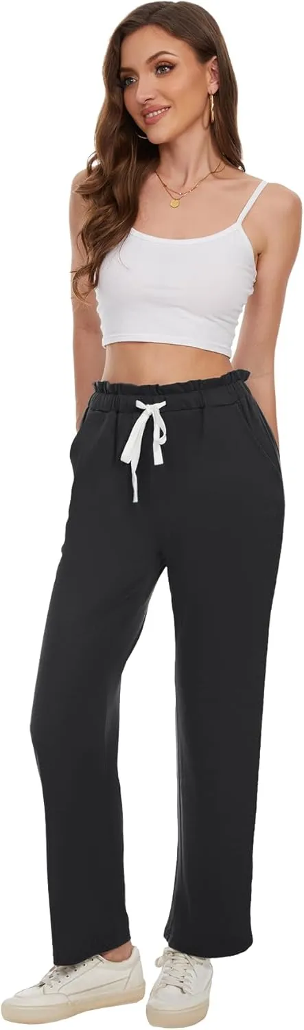 BATHRINS Women's Drawstring High Waisted Straight Long Trousers Pants with Pockets