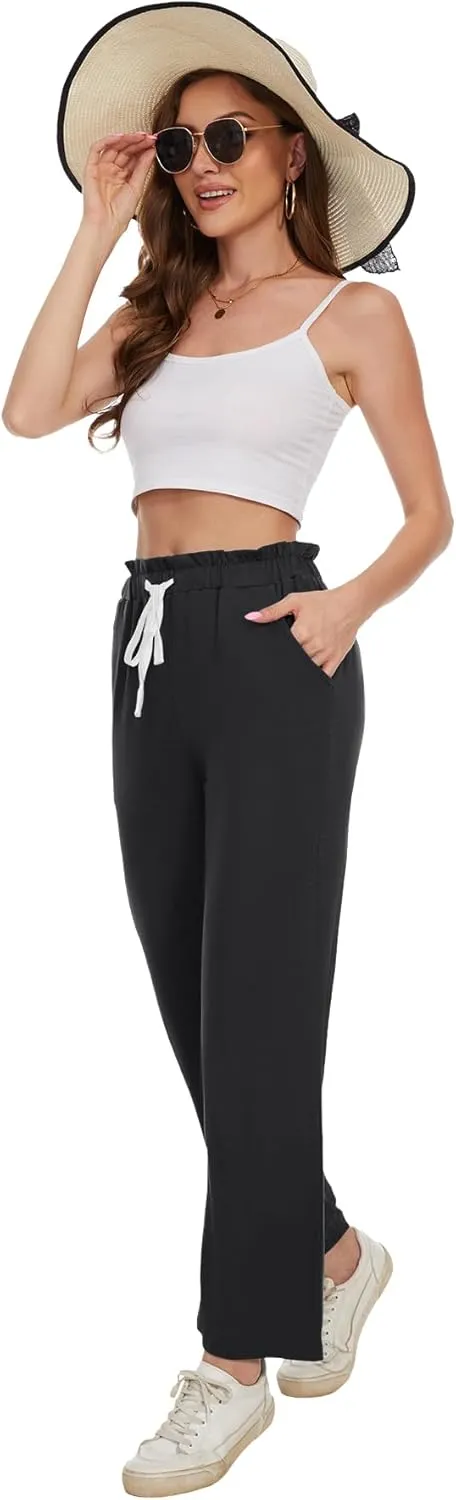 BATHRINS Women's Drawstring High Waisted Straight Long Trousers Pants with Pockets