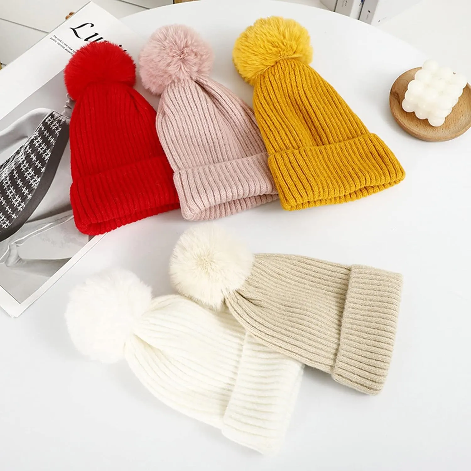 Beanie Hat for Women Winter Warm Pompom Cuffed Ski Hat Adult Knit Caps Men Fleece Lined Cap