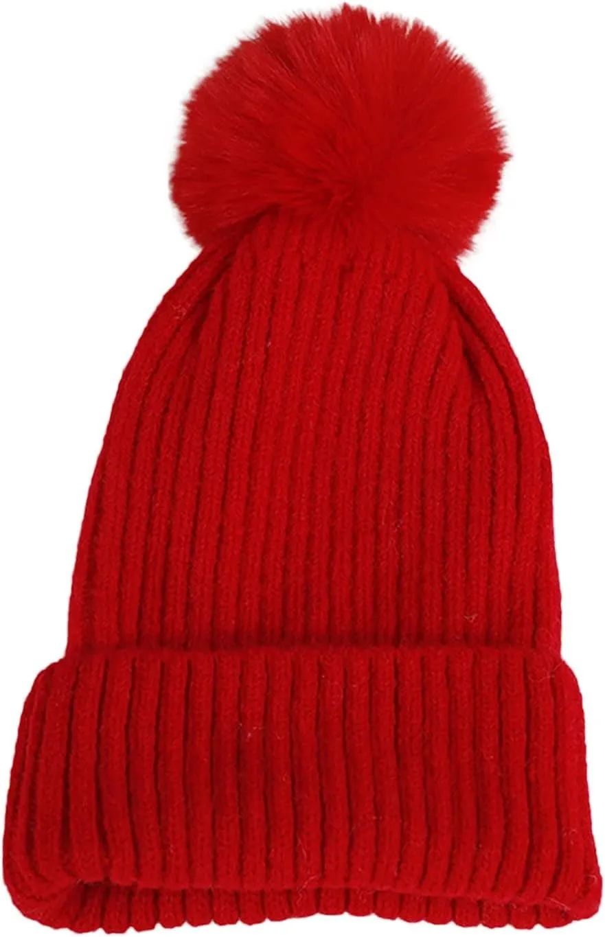 Beanie Hat for Women Winter Warm Pompom Cuffed Ski Hat Adult Knit Caps Men Fleece Lined Cap