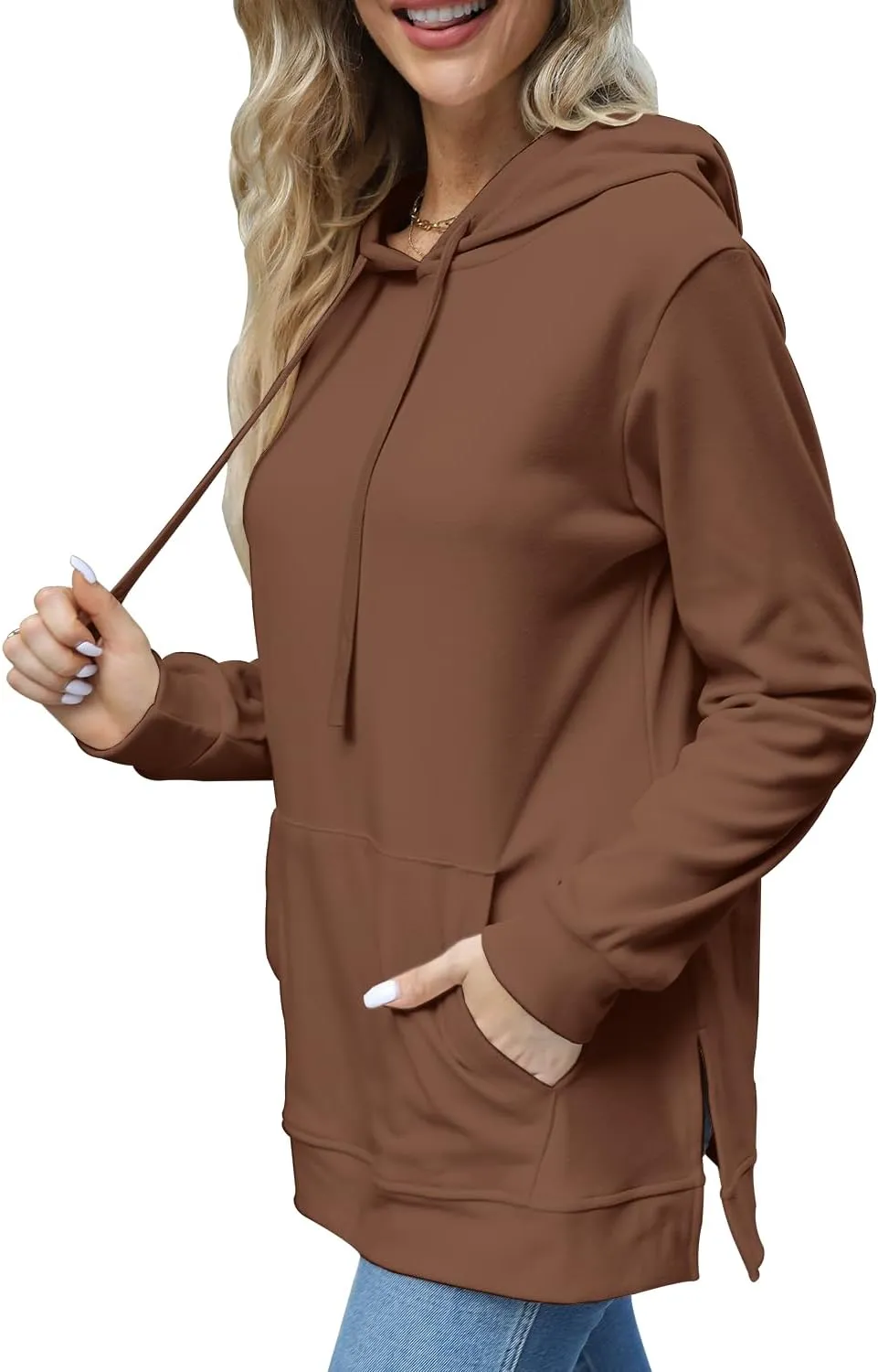 Beimuc Hoodies for Women Fashion Split Hem Drawstring Casual Long Sleeve Sweatshirts Tops with Pockets