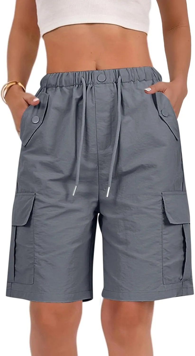 Bermuda Shorts for Women Summer Quick Dry Cargo Shorts with Pockets Outdoor Drawstring Knee Length Hiking Short