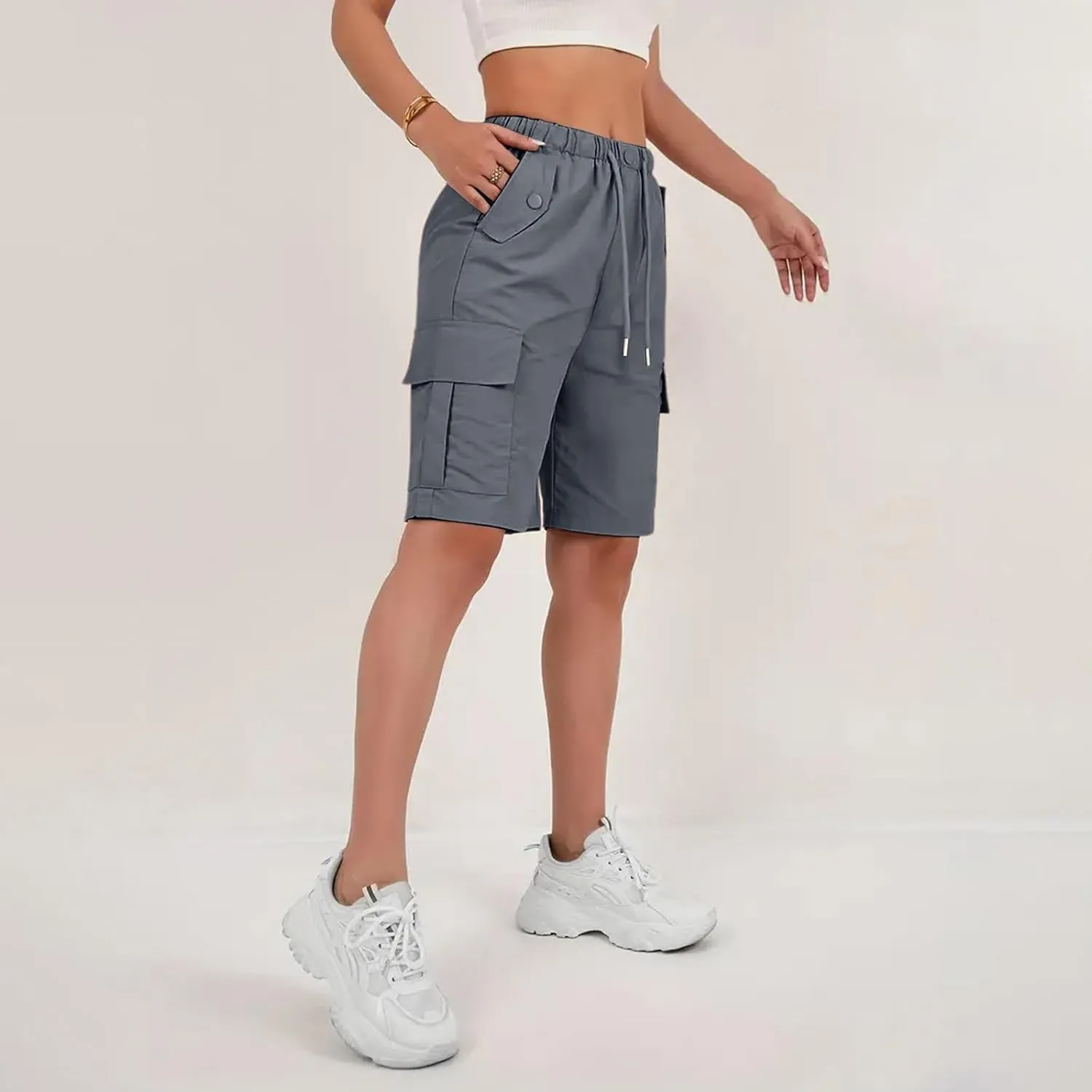 Bermuda Shorts for Women Summer Quick Dry Cargo Shorts with Pockets Outdoor Drawstring Knee Length Hiking Short